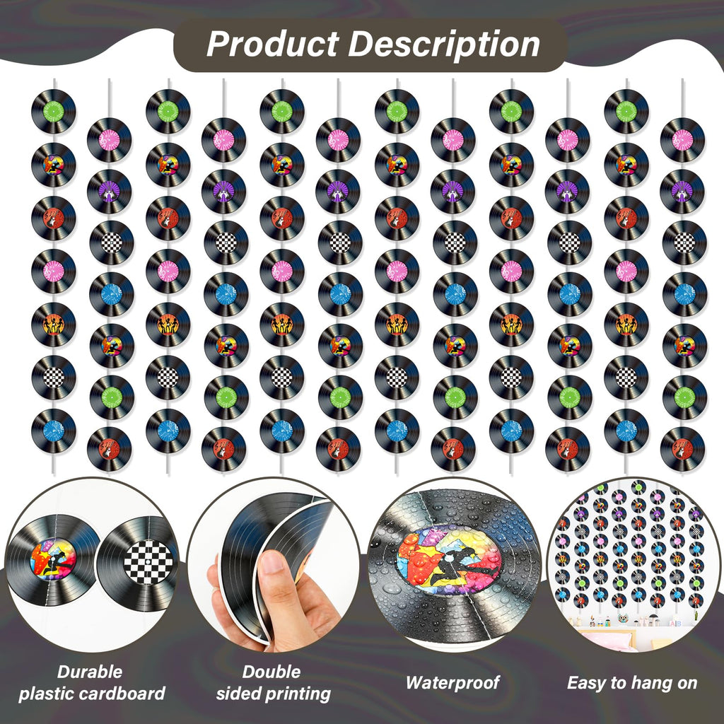 12 Pack Retro Vinyl Record Banners for 50s Theme Parties - 7 Patterns per String, 110cm Strips