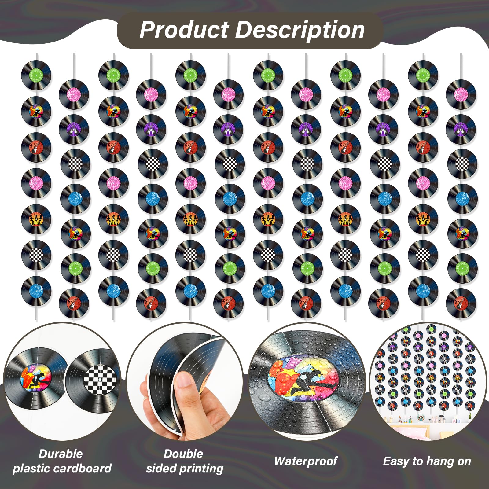 12 Pack Retro Vinyl Record Banners for 50s Theme Parties - 7 Patterns per String, 110cm Strips