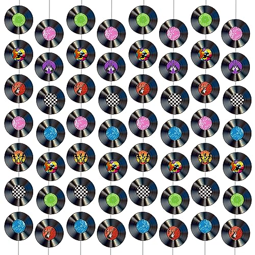 12 Pack Retro Vinyl Record Banners for 50s Theme Parties - 7 Patterns per String, 110cm Strips