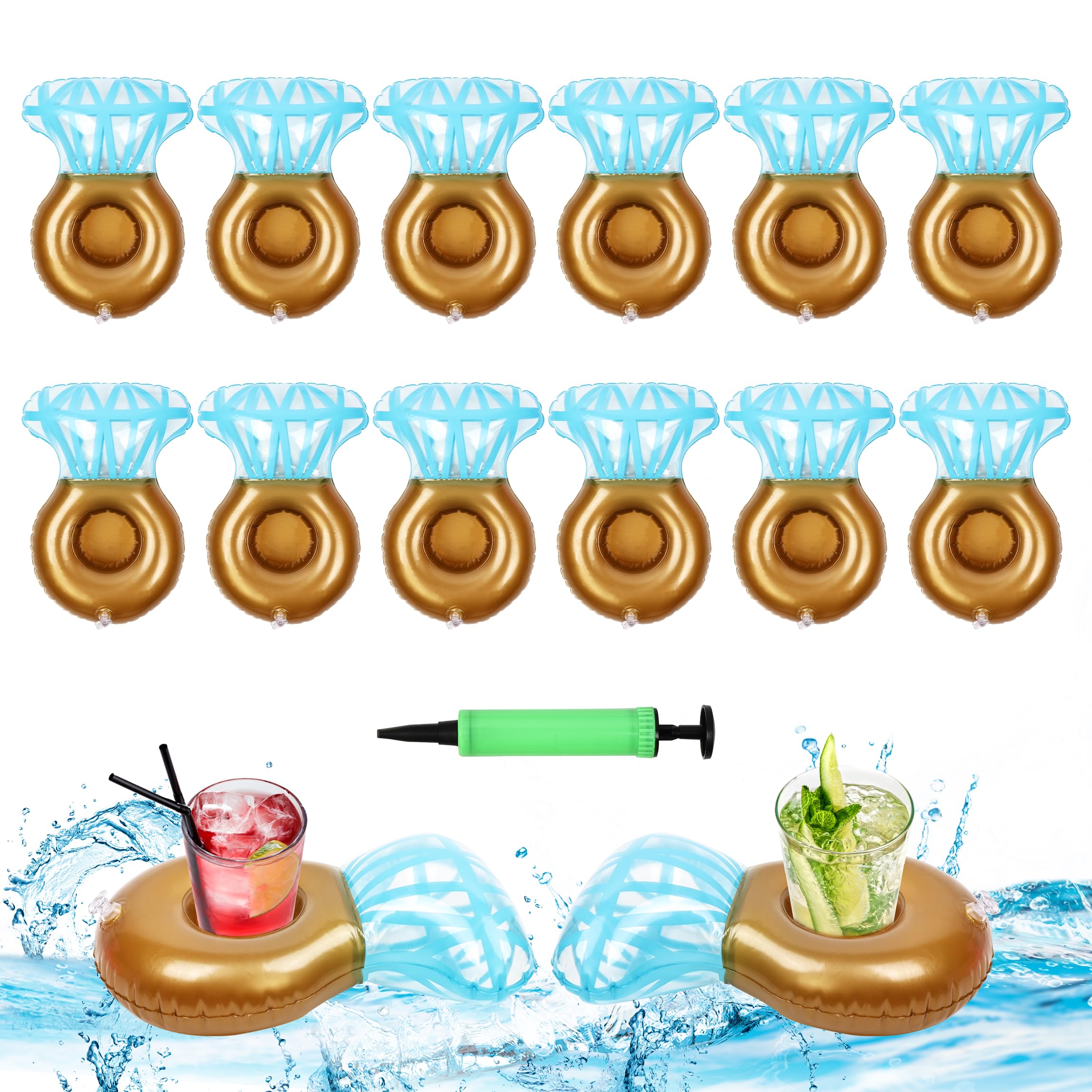 12-Pack ROSUN Inflatable Drink Holder - Blue Diamond Pattern Pool Float for Cans & Wine Glasses
