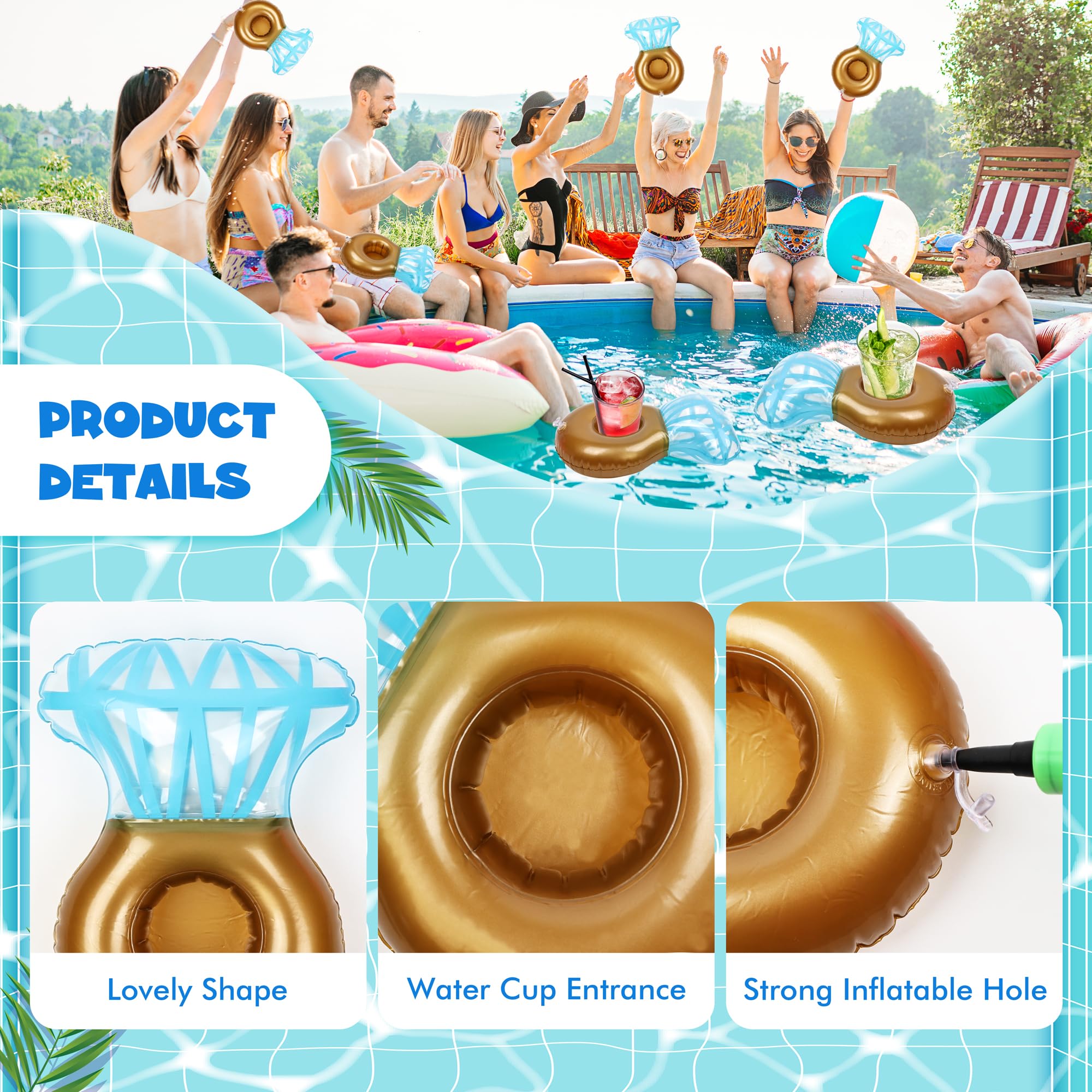 12-Pack ROSUN Inflatable Drink Holder - Blue Diamond Pattern Pool Float for Cans & Wine Glasses
