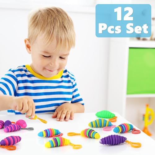 12 Pack Sensory Slug Fidget Toys – Articulated Stretch Caterpillars for Anxiety Relief and Party Favors