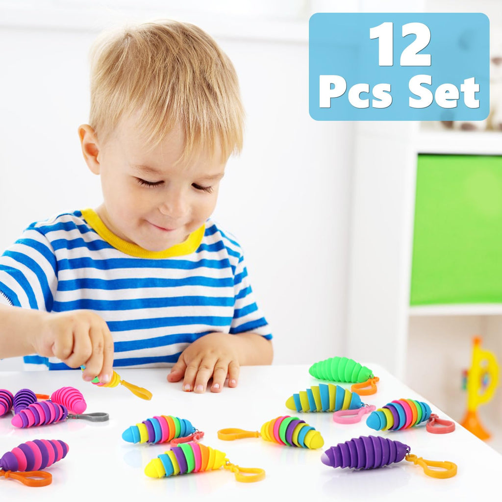 12 Pack Sensory Slug Fidget Toys – Articulated Stretch Caterpillars for Anxiety Relief and Party Favors