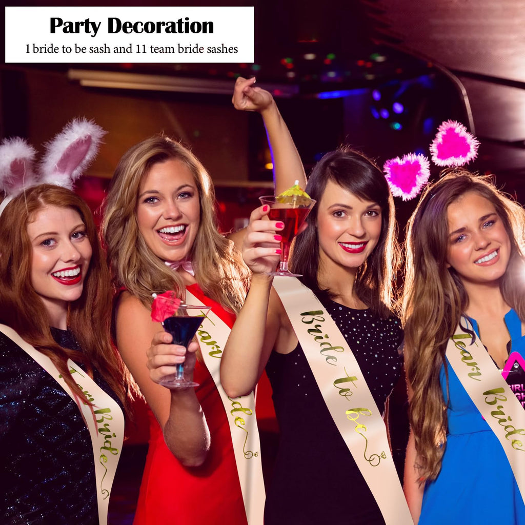 12-Pack Team Bride Sash Set for Bachelorette Party – Rose Gold Fabric Sashes (1 Bride + 11 Team)