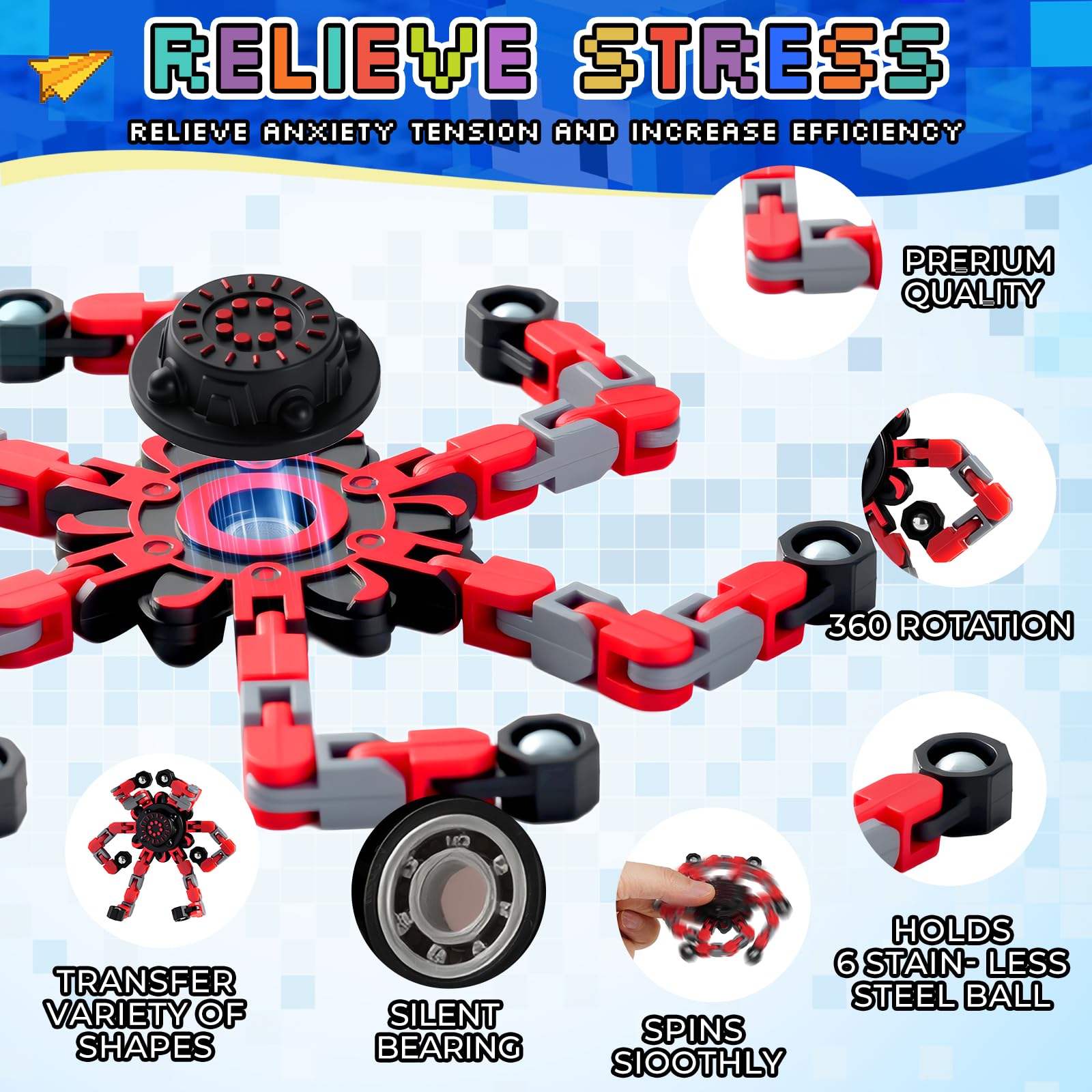 12 Pack Transformable Robot Fidget Spinners – DIY Chain Spinner Toys for Kids Adults Party Favors