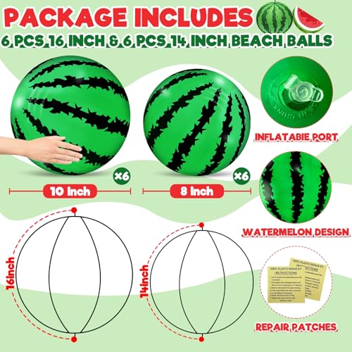12 Pack Watermelon Beach Balls by TURNMEON – 16'' and 14'' Inflatable Beach Balls for Summer Pool Parties, Luaus, and Outdoor Fun
