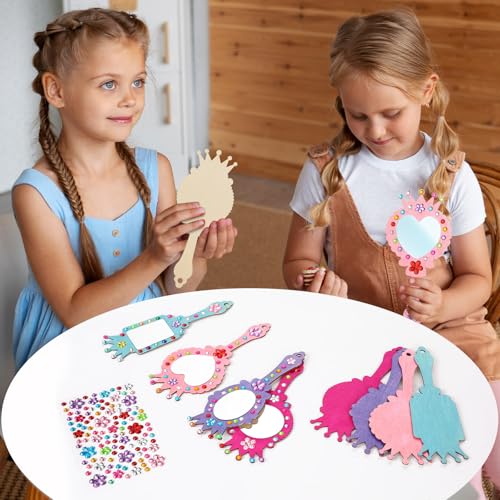 12-Pack Wooden Princess Mirror Craft for Kids | DIY Paint & Gem Stickers