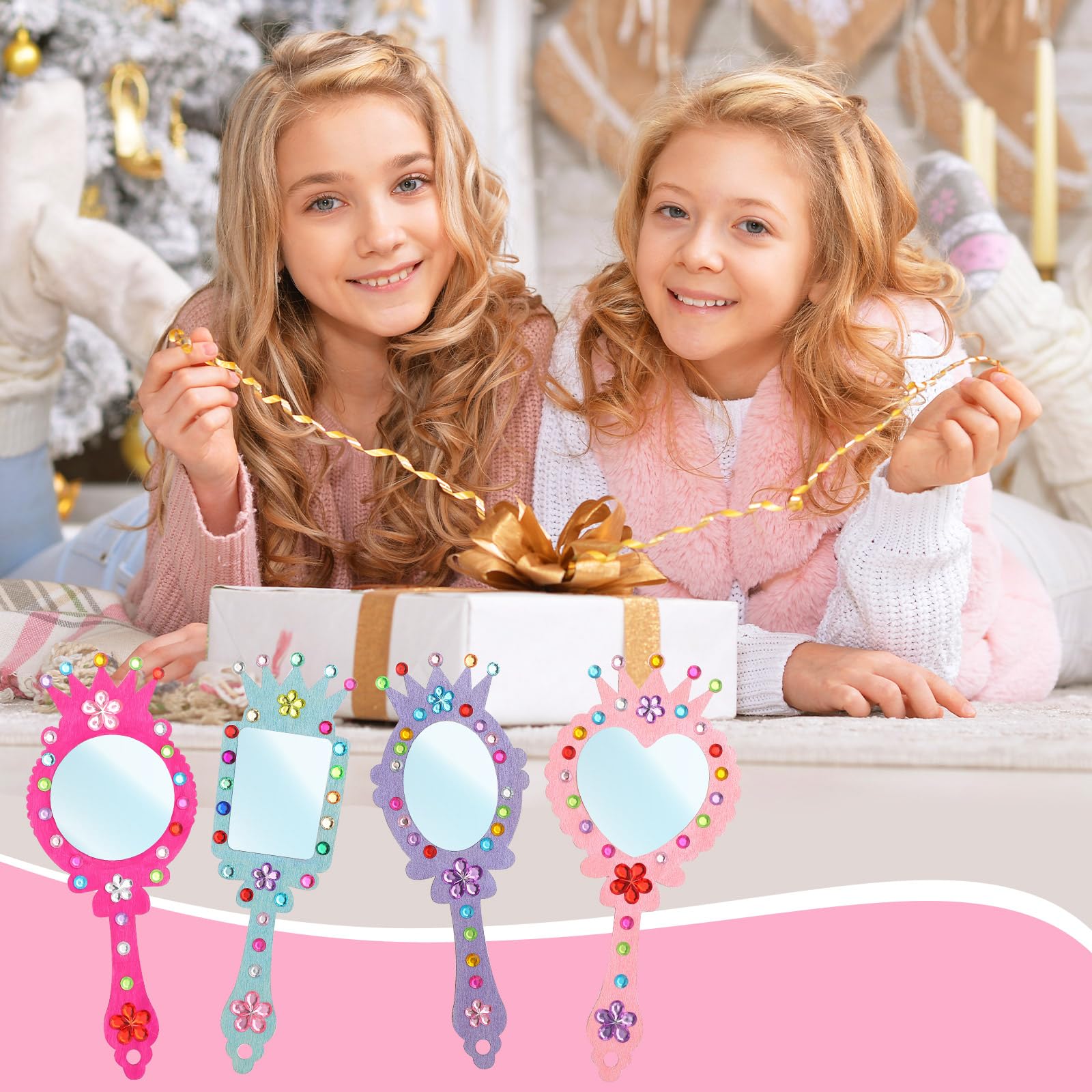 12-Pack Wooden Princess Mirror Craft for Kids | DIY Paint & Gem Stickers