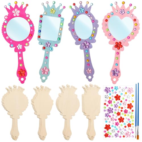 12-Pack Wooden Princess Mirror Craft for Kids | DIY Paint & Gem Stickers