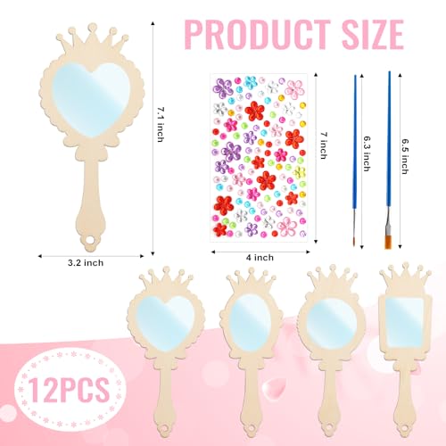 12-Pack Wooden Princess Mirror Craft for Kids | DIY Paint & Gem Stickers