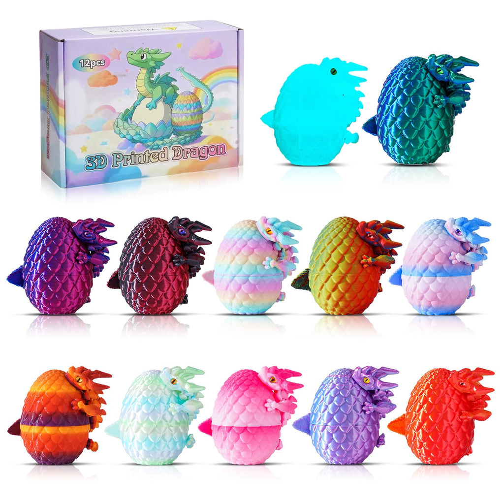 12-Piece 3D Printed Dragon Eggs Set – Articulated Crystal Fidget Toys with Dragon Inside for Desk Decor, Easter Basket Fillers (Series A)
