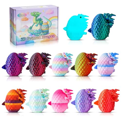 12-Piece 3D Printed Dragon Eggs Set – Articulated Crystal Fidget Toys with Dragon Inside for Desk Decor, Easter Basket Fillers (Series A)