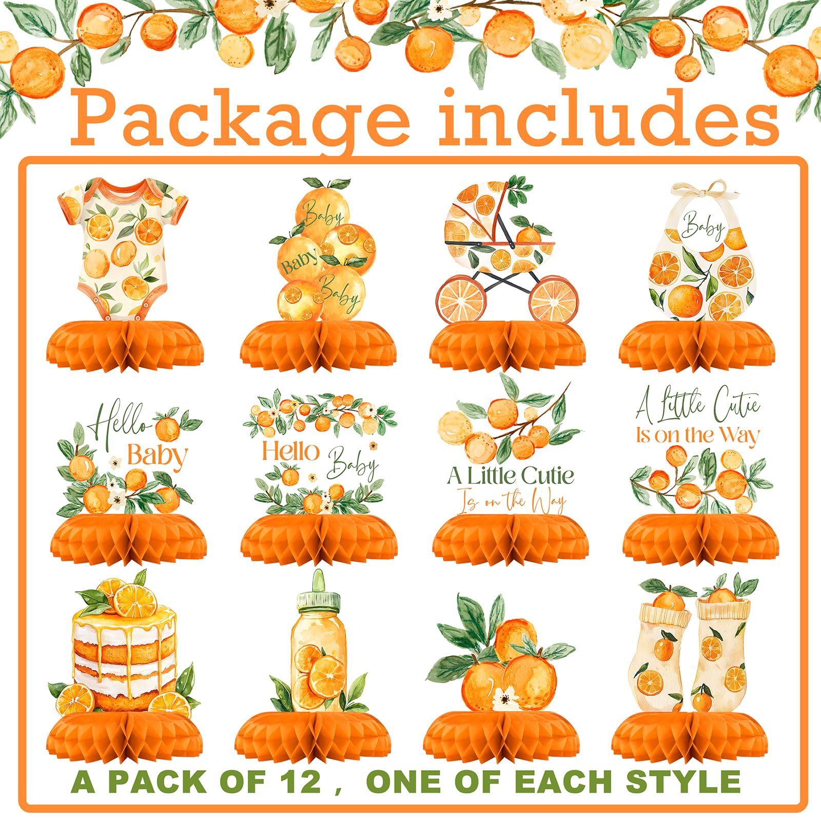 12-Piece A Little Cutie Baby Shower Centerpieces – Orange Citrus Gender Neutral Decor by Celee