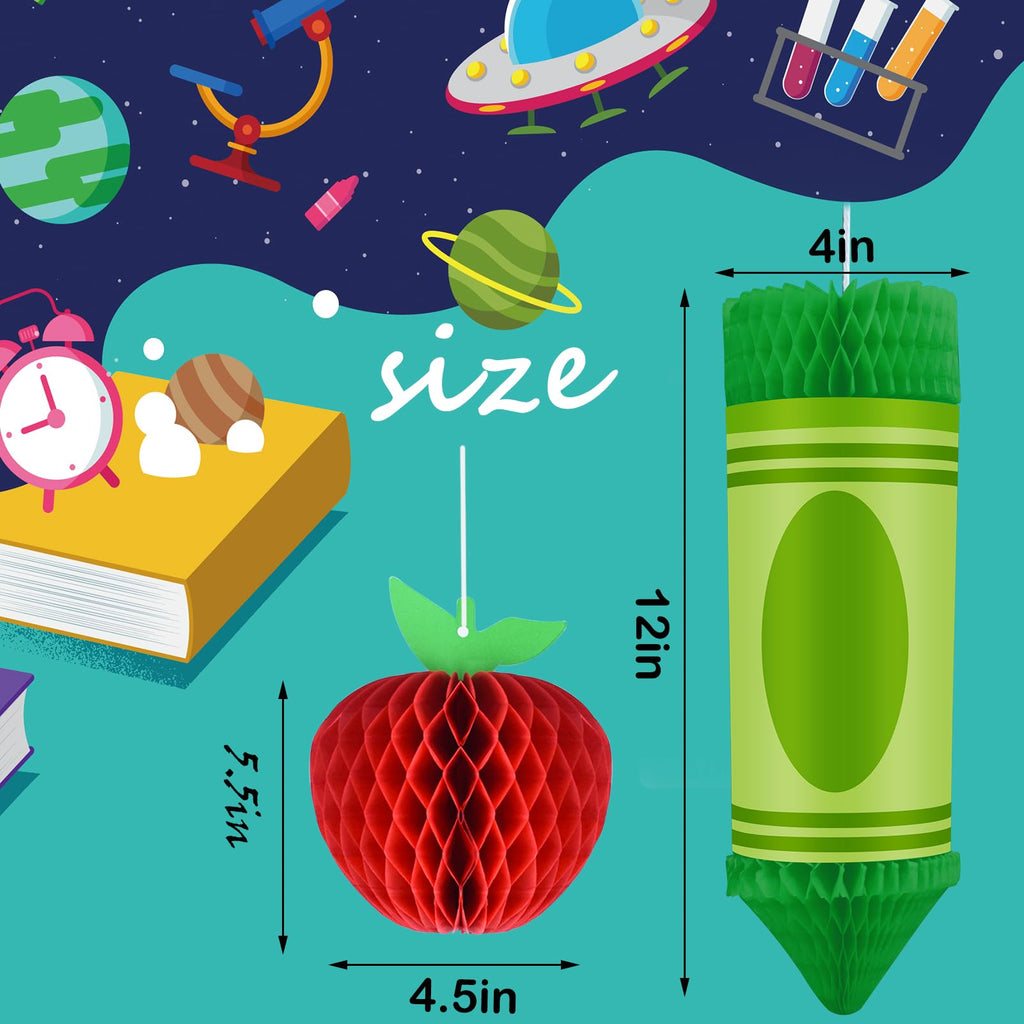 12-Piece Back-to-School Honeycomb Hanging Decorations – Crayon & Apple Shapes for Classroom Ceiling