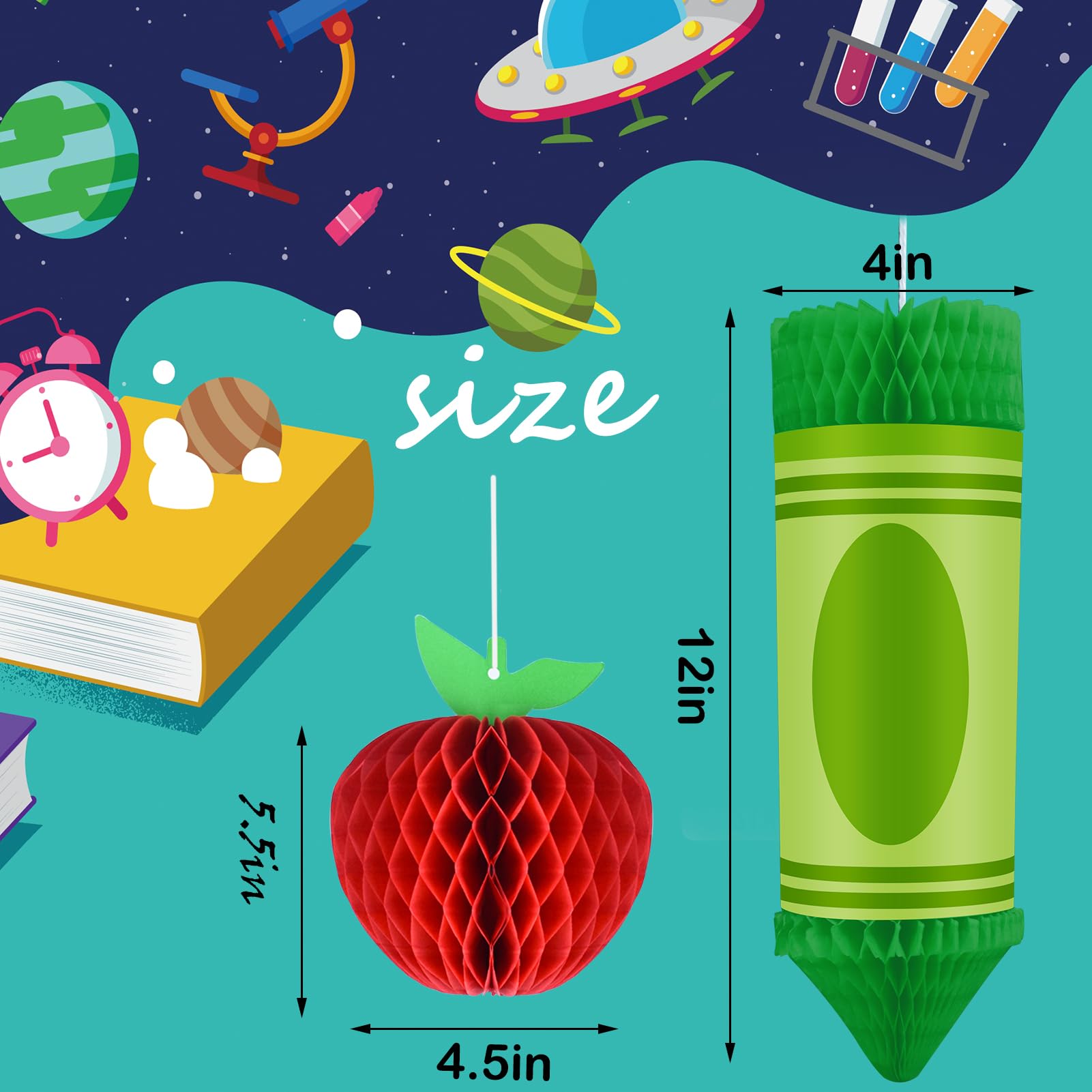 12-Piece Back-to-School Honeycomb Hanging Decorations – Crayon & Apple Shapes for Classroom Ceiling