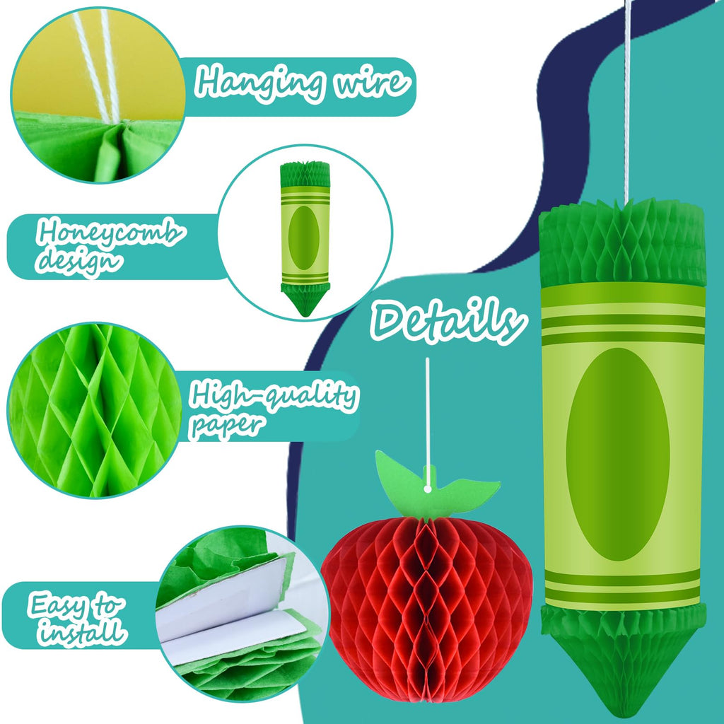 12-Piece Back-to-School Honeycomb Hanging Decorations – Crayon & Apple Shapes for Classroom Ceiling