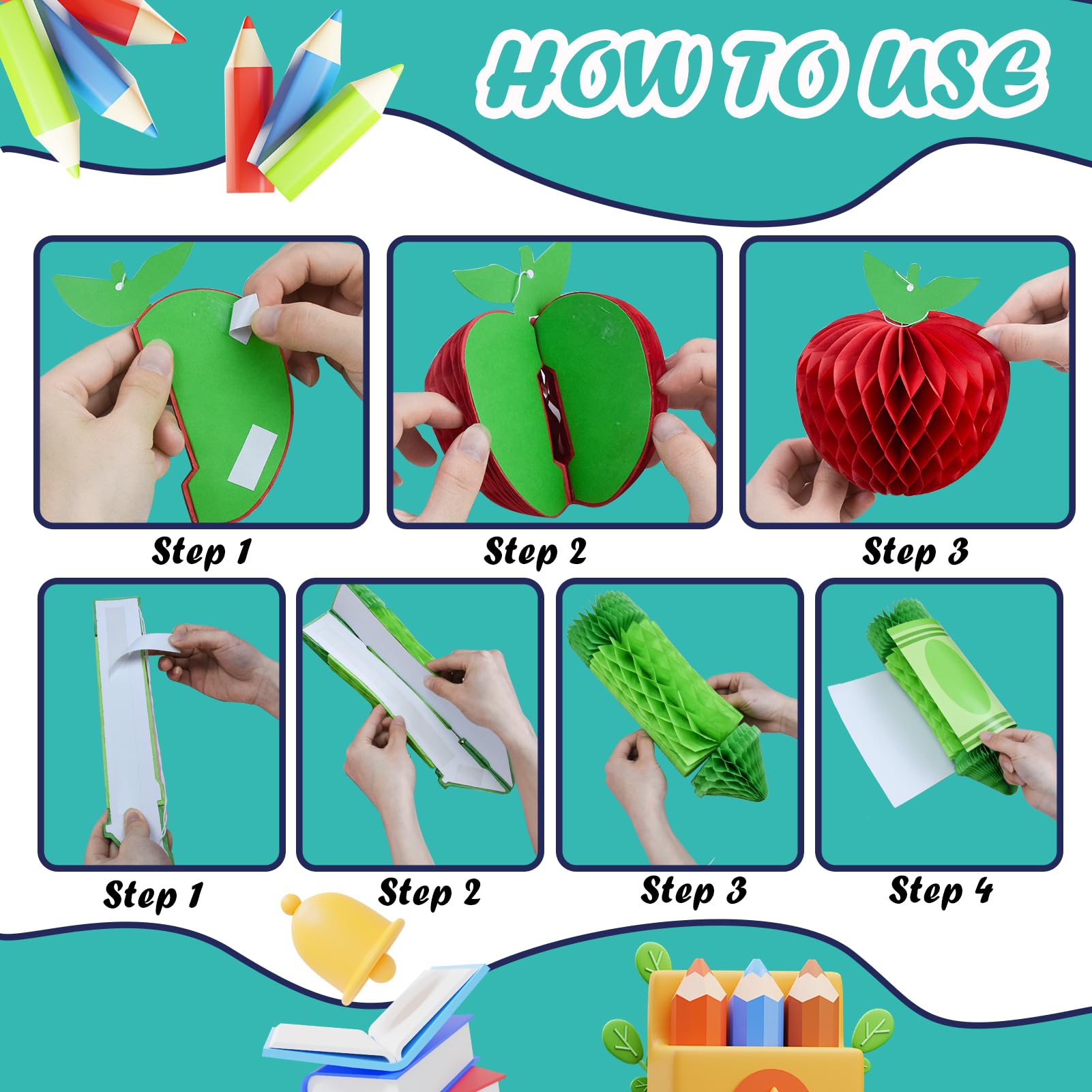 12-Piece Back-to-School Honeycomb Hanging Decorations – Crayon & Apple Shapes for Classroom Ceiling