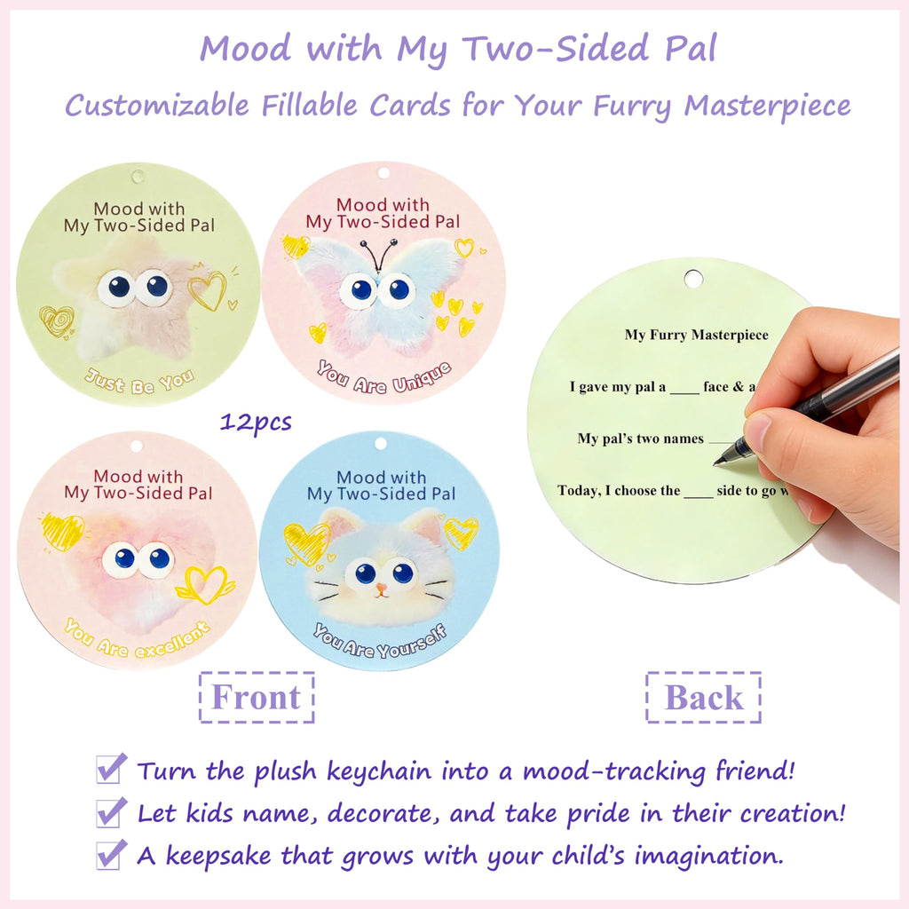 12-Piece DIY Plush Keychain Craft Kit for Kids – Double-Sided Party Favors with Stickers and Mood Cards
