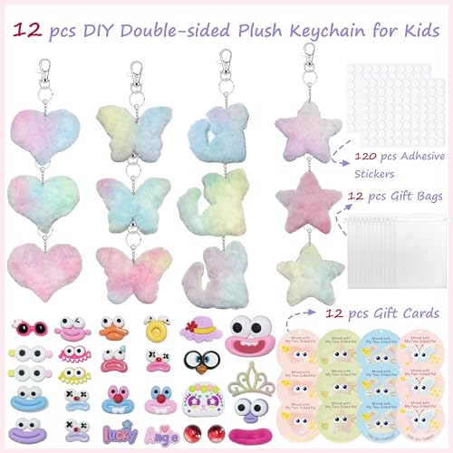 12-Piece DIY Plush Keychain Craft Kit for Kids – Double-Sided Party Favors with Stickers and Mood Cards