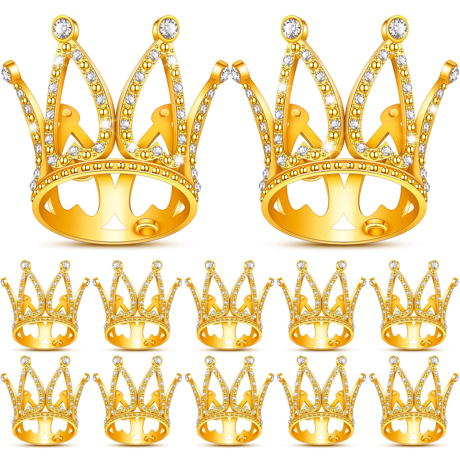 12-Piece Mini Crown Cake Toppers – Gold Alloy & Crystal Tiny Queen Tiaras for Wedding, Birthday & Baby Shower