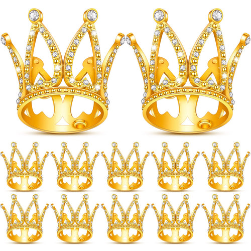 12-Piece Mini Crown Cake Toppers – Gold Alloy & Crystal Tiny Queen Tiaras for Wedding, Birthday & Baby Shower