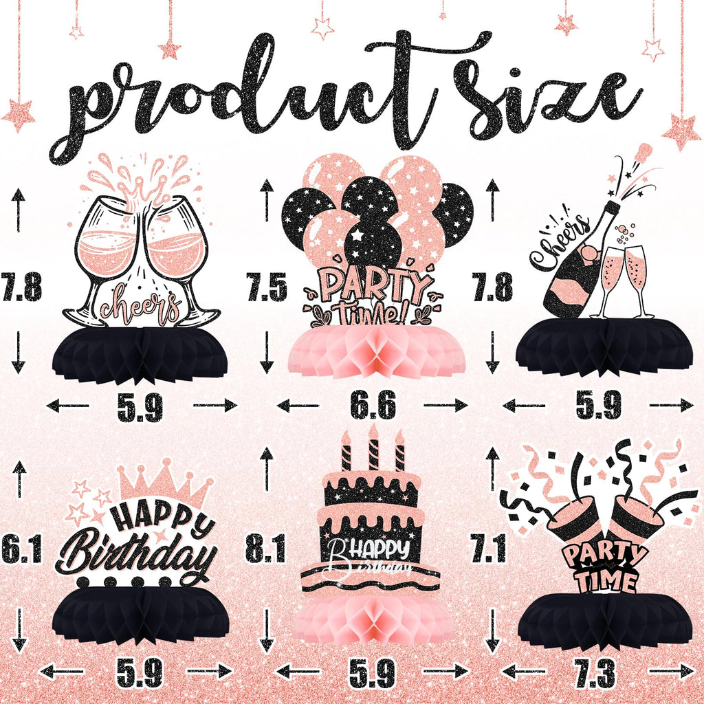 12-Piece Pink and Black Honeycomb Birthday Table Centerpieces - Celee Party Decorations for Women or Girls
