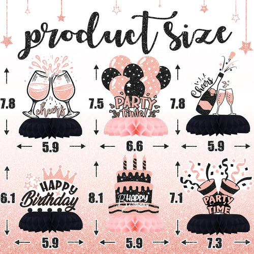 12-Piece Pink and Black Honeycomb Birthday Table Centerpieces - Celee Party Decorations for Women or Girls