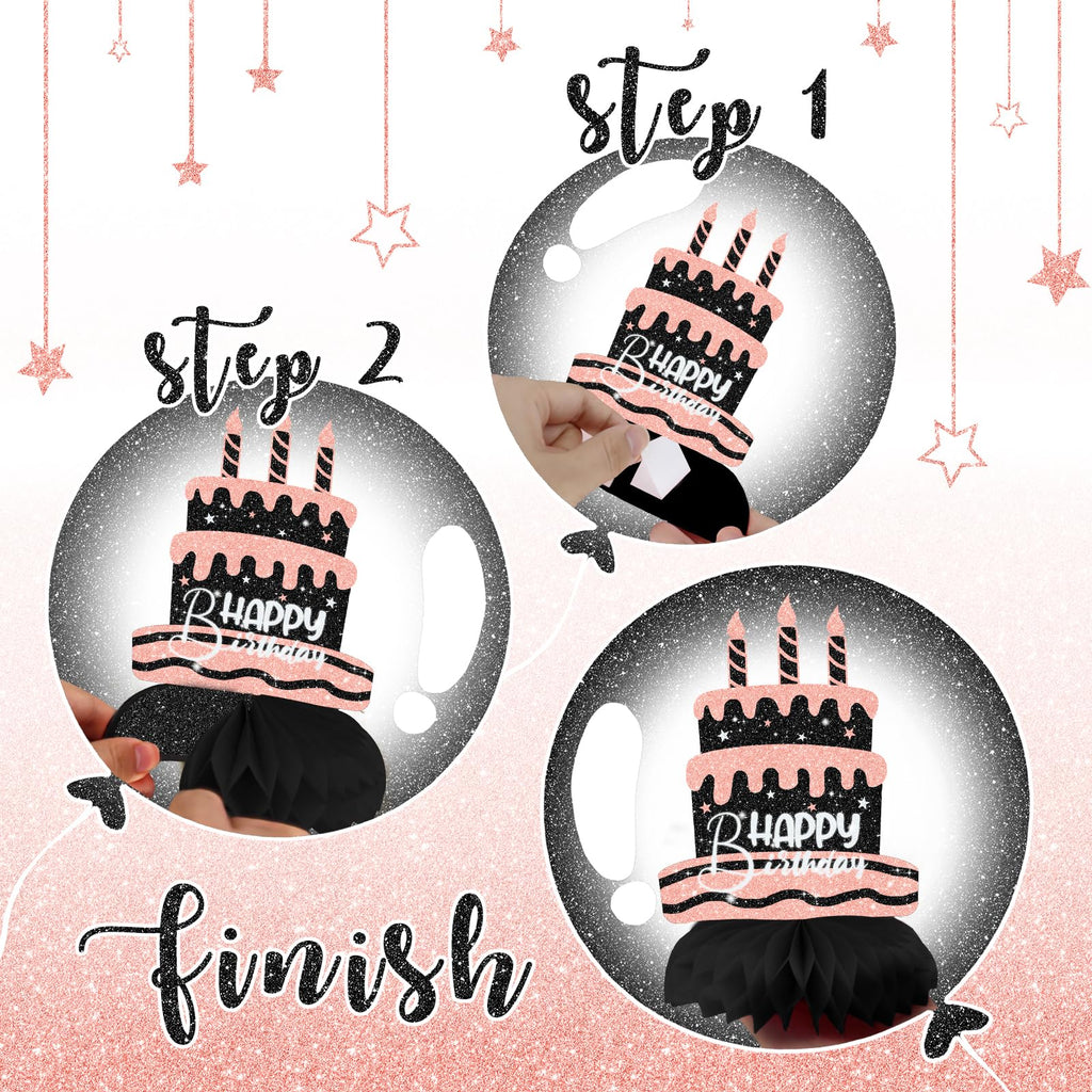 12-Piece Pink and Black Honeycomb Birthday Table Centerpieces - Celee Party Decorations for Women or Girls