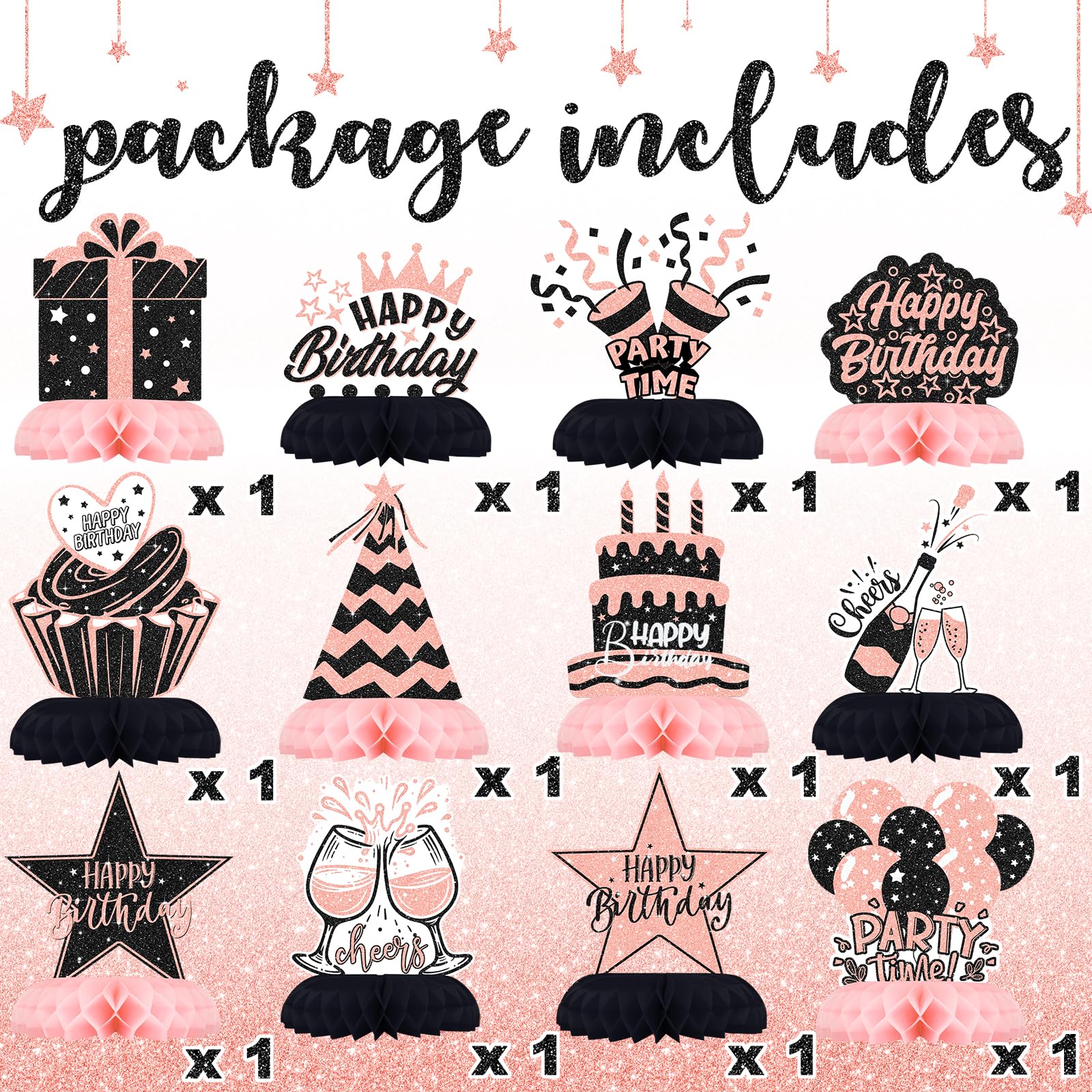 12-Piece Pink and Black Honeycomb Birthday Table Centerpieces - Celee Party Decorations for Women or Girls