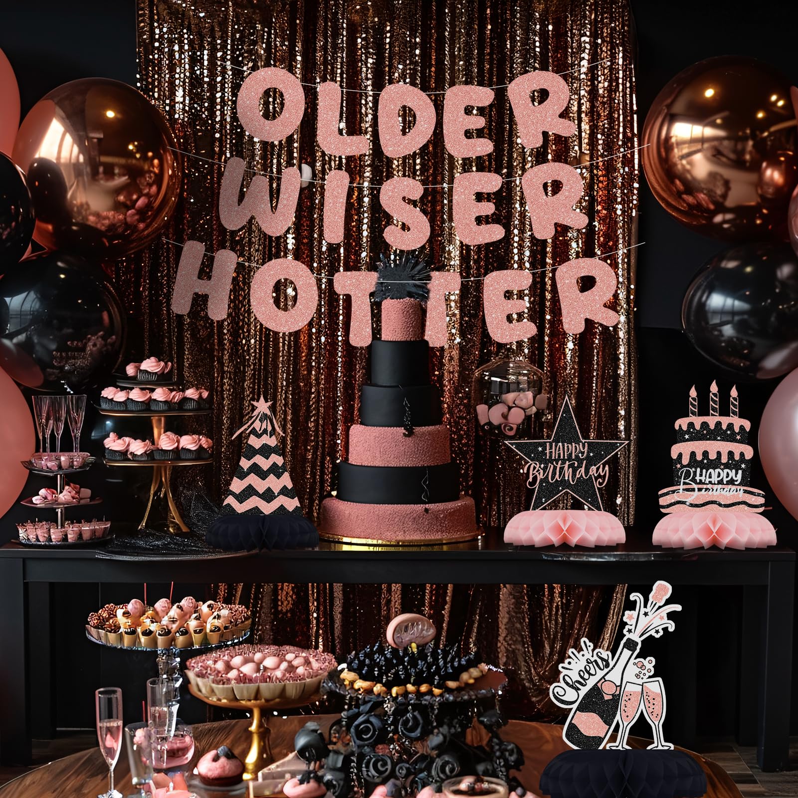 12-Piece Pink and Black Honeycomb Birthday Table Centerpieces - Celee Party Decorations for Women or Girls
