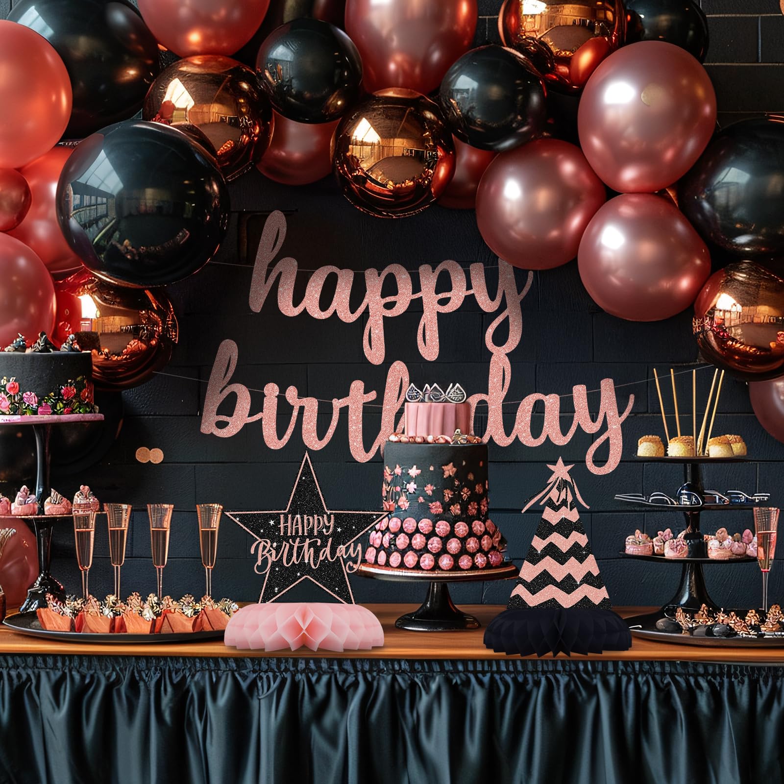 12-Piece Pink and Black Honeycomb Birthday Table Centerpieces - Celee Party Decorations for Women or Girls