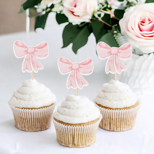12 Pink Bow Cupcake Toppers by TERJIO – Girls Birthday Party Decorations, Bachelorette & Wedding Cake Toppers