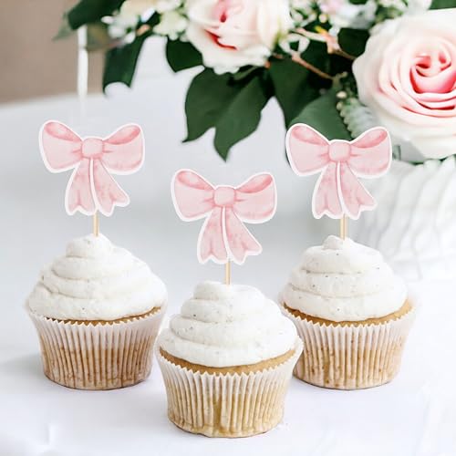 12 Pink Bow Cupcake Toppers by TERJIO – Girls Birthday Party Decorations, Bachelorette & Wedding Cake Toppers
