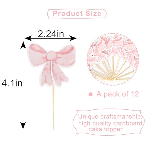 12 Pink Bow Cupcake Toppers by TERJIO – Girls Birthday Party Decorations, Bachelorette & Wedding Cake Toppers