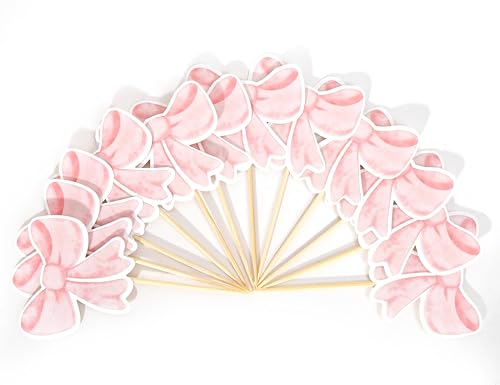 12 Pink Bow Cupcake Toppers by TERJIO – Girls Birthday Party Decorations, Bachelorette & Wedding Cake Toppers