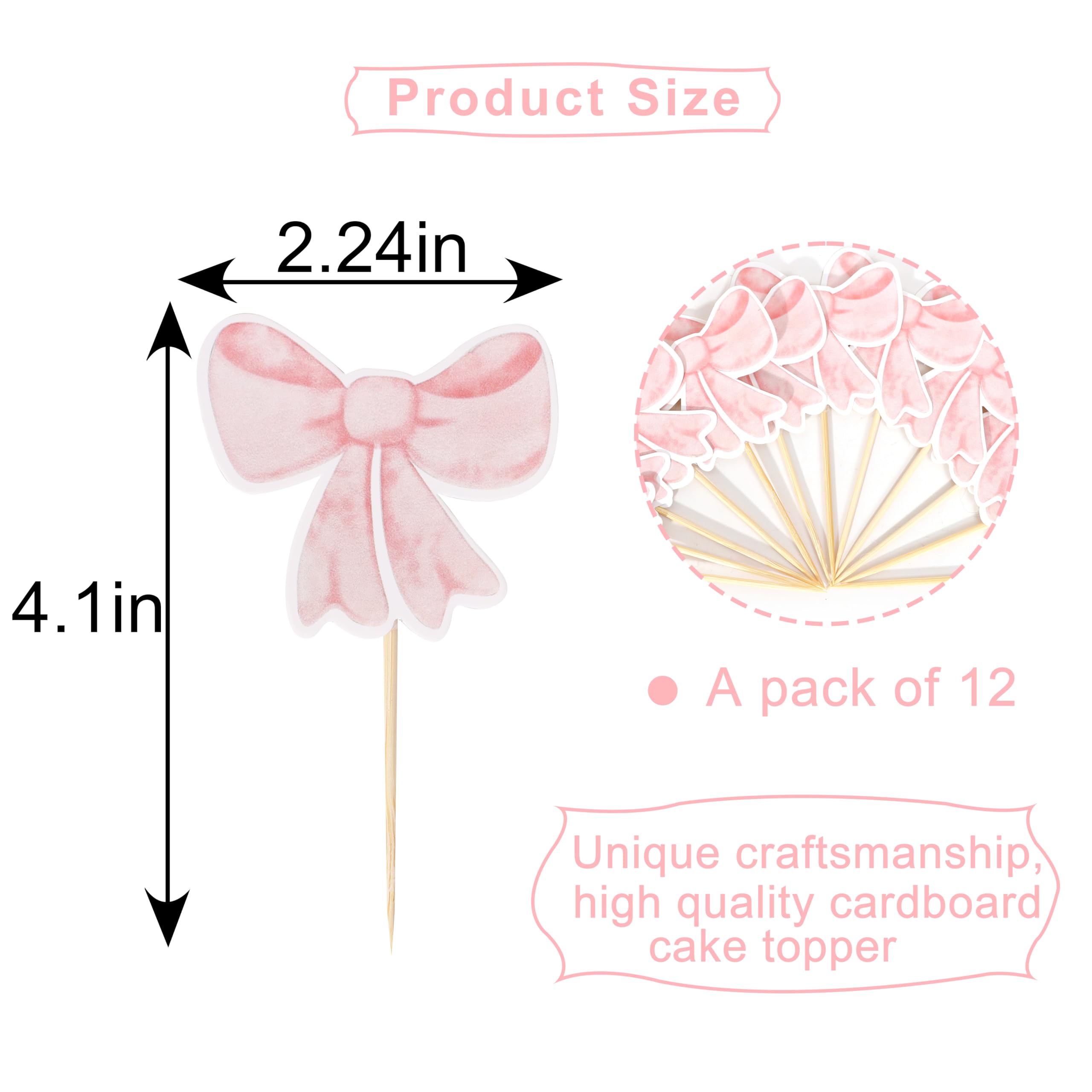 12 Pink Bow Cupcake Toppers by TERJIO – Girls Birthday Party Decorations, Bachelorette & Wedding Cake Toppers
