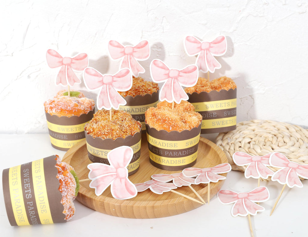 12 Pink Bow Cupcake Toppers by TERJIO – Girls Birthday Party Decorations, Bachelorette & Wedding Cake Toppers
