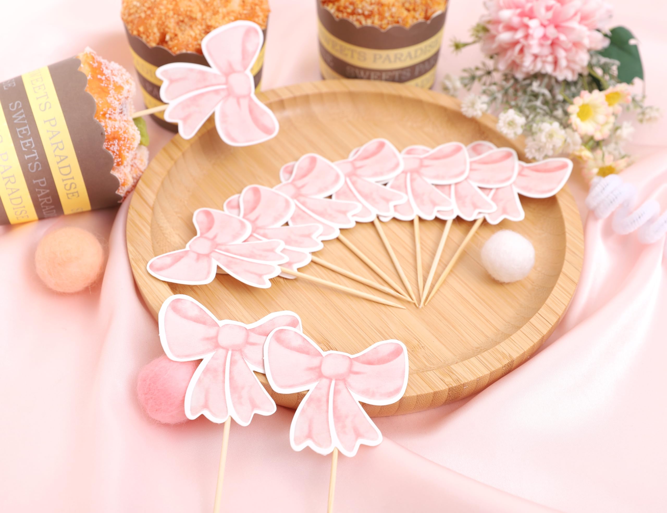 12 Pink Bow Cupcake Toppers by TERJIO – Girls Birthday Party Decorations, Bachelorette & Wedding Cake Toppers