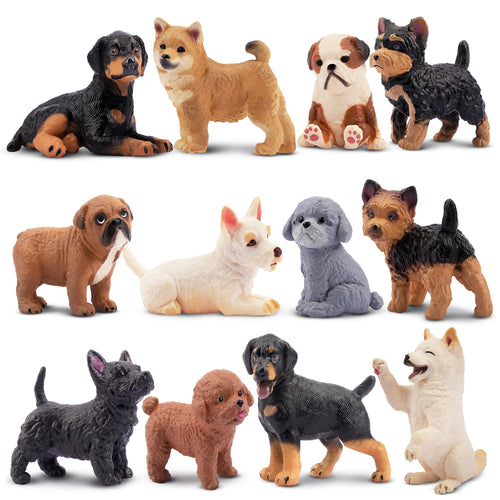 12 Realistic Hand-Painted Dog Figurines Set - Mini Plastic Puppies for Cake Toppers, Party Favors, and Imaginative Play