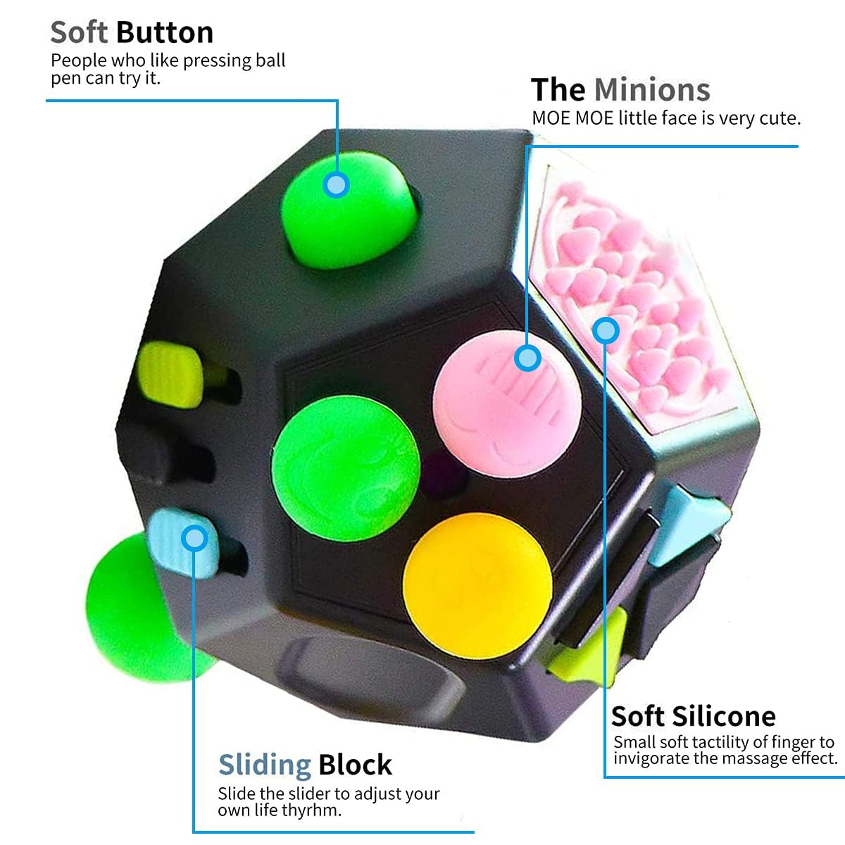 12-Sided Fidget Cube – Stress & Anxiety Relief Toy for Kids & Adults (Black)