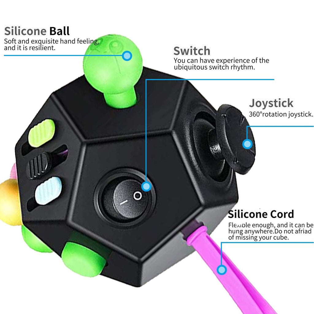 12-Sided Fidget Cube – Stress & Anxiety Relief Toy for Kids & Adults (Black)
