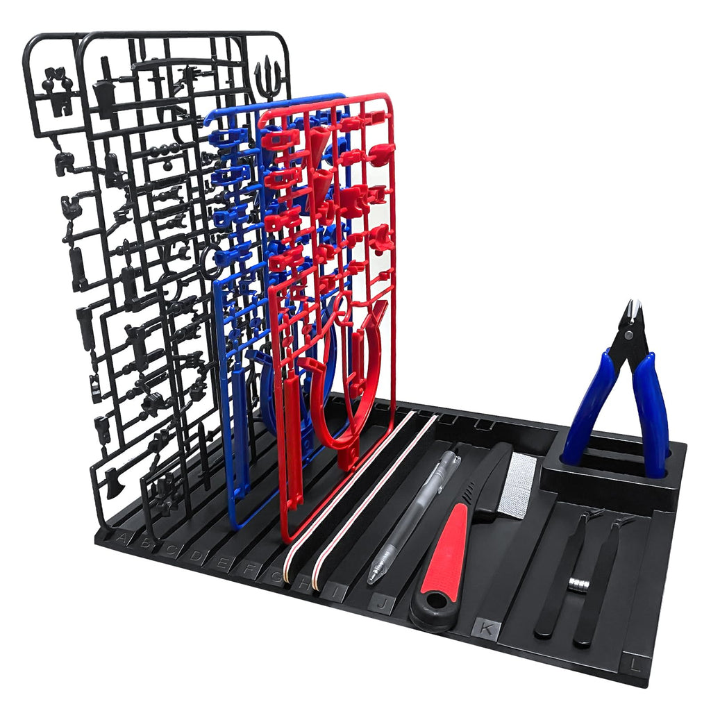 12-Slot Model Sprue Holder for Gundam MG/HG/PG Kits - Black Runner Organizer with Storage Compartments