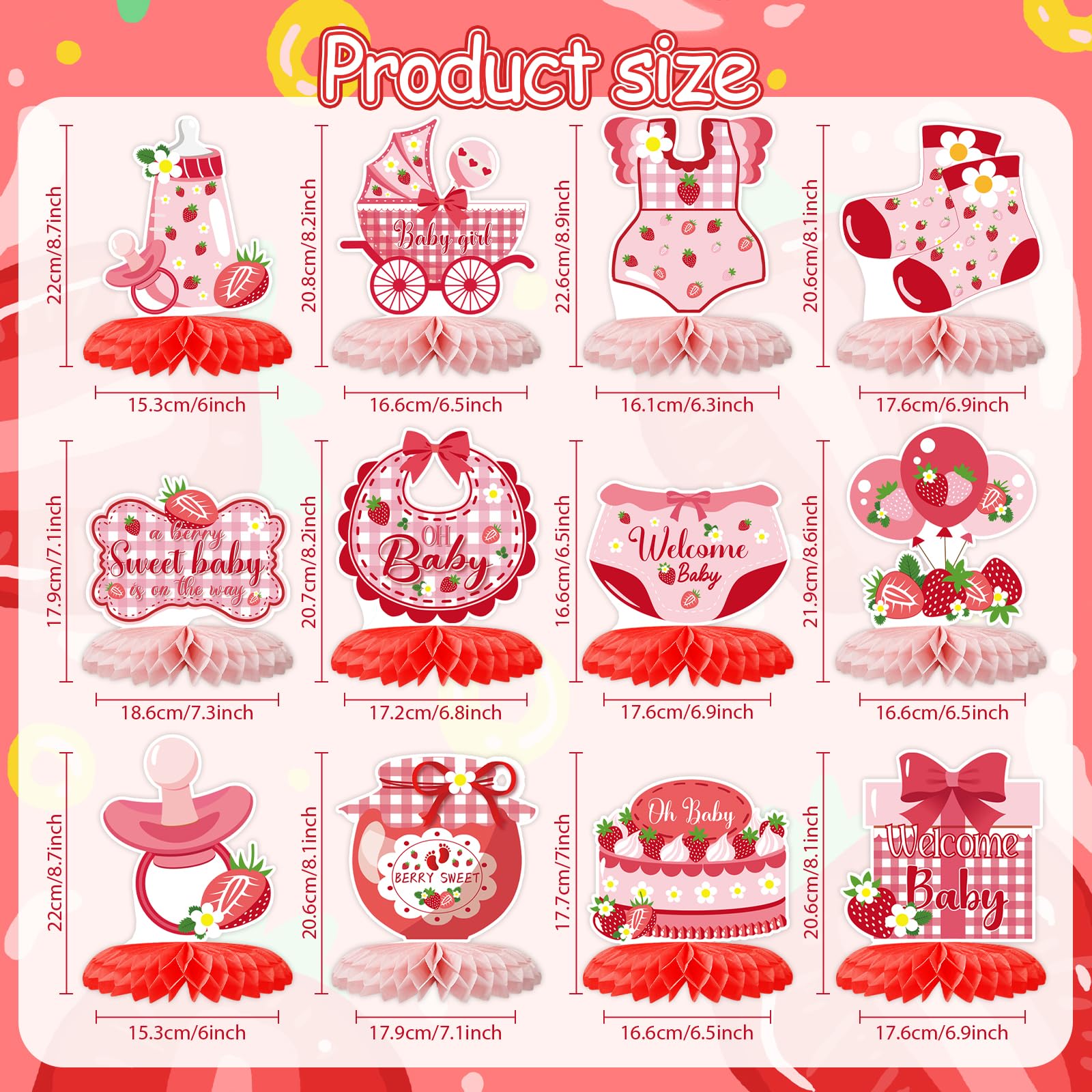 12 Strawberry Baby Shower Honeycomb Centerpieces - Berry Sweet Theme Party Table Topper Decor by ZCPTZ