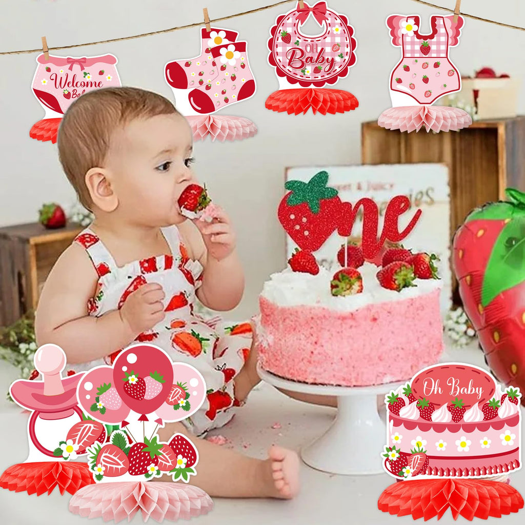 12 Strawberry Baby Shower Honeycomb Centerpieces - Berry Sweet Theme Party Table Topper Decor by ZCPTZ