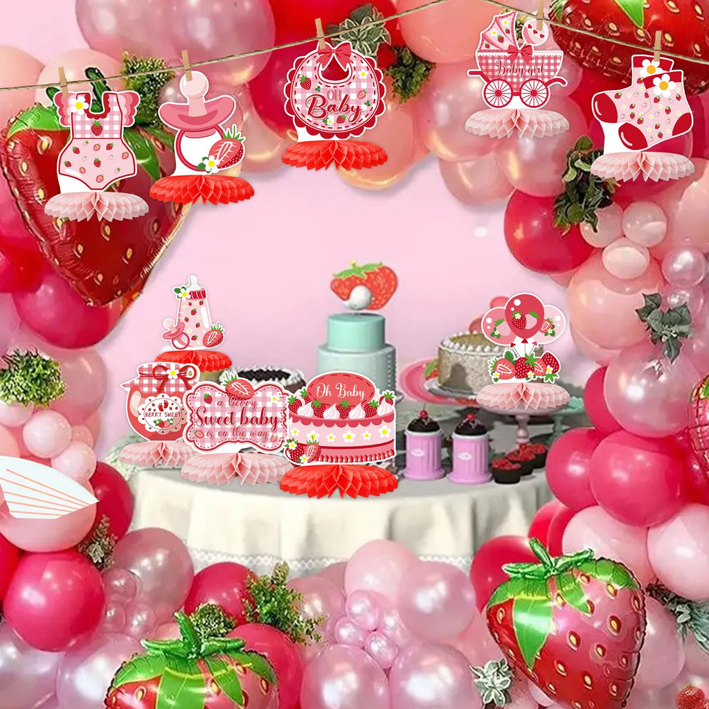12 Strawberry Baby Shower Honeycomb Centerpieces - Berry Sweet Theme Party Table Topper Decor by ZCPTZ