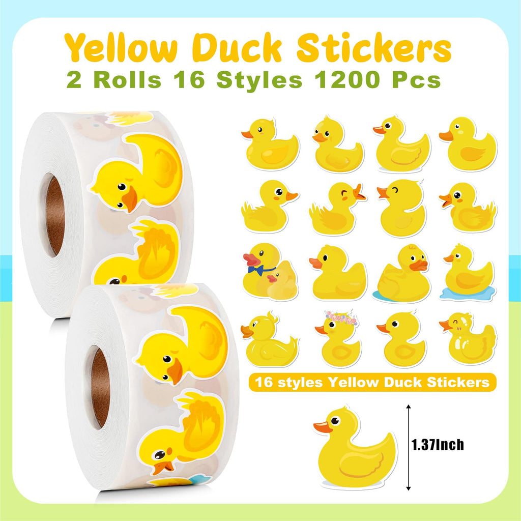1200 Cute Rubber Duck Stickers – 2 Rolls, 16 Designs, Non-Toxic Paper Decals for Birthdays, Scrapbooking, and Classroom Rewards
