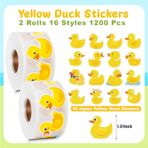 1200 Cute Rubber Duck Stickers – 2 Rolls, 16 Designs, Non-Toxic Paper Decals for Birthdays, Scrapbooking, and Classroom Rewards