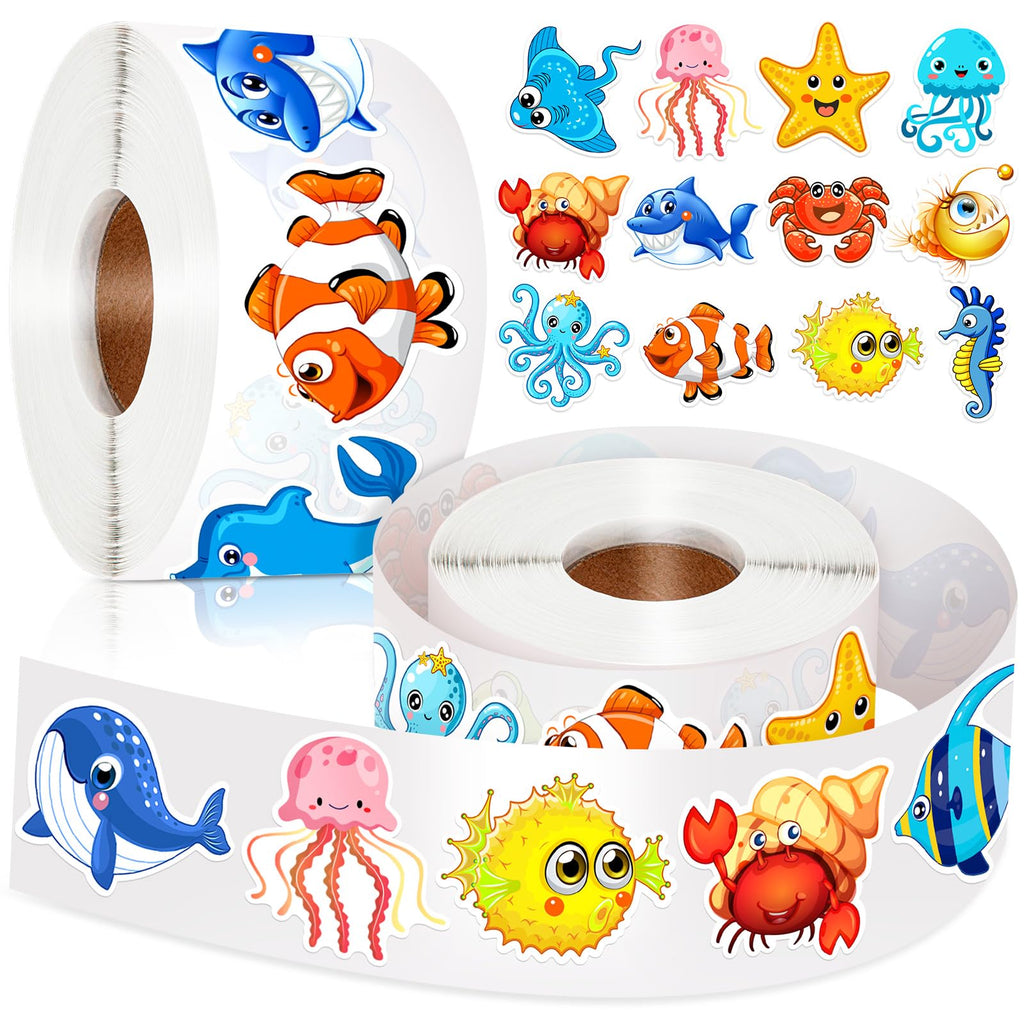 1200 Ocean Animal Stickers Roll - 2 Rolls, 16 Designs, Reusable - KFPPLXQ