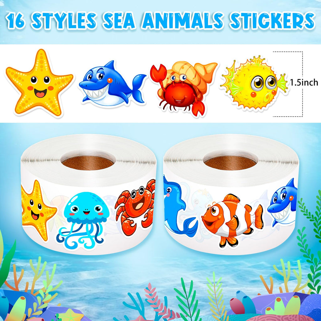 1200 Ocean Animal Stickers Roll - 2 Rolls, 16 Designs, Reusable - KFPPLXQ