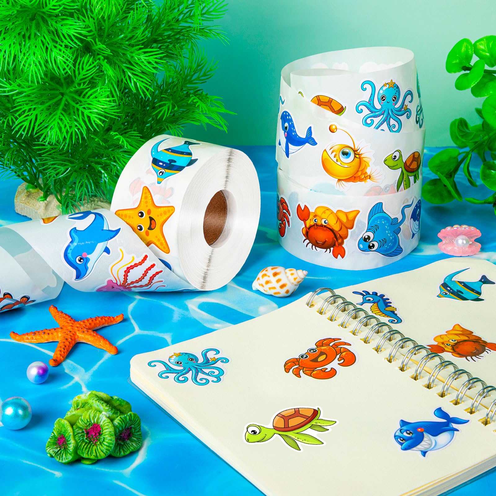 1200 Ocean Animal Stickers Roll - 2 Rolls, 16 Designs, Reusable - KFPPLXQ